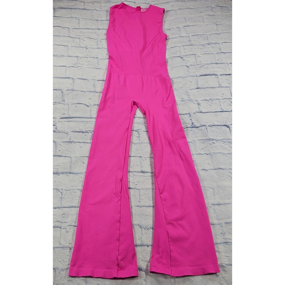 OQQ Jumpsuit Womens XL Hot Pink Ribbed Sleeveless Flare Leg Yoga Bodysuit